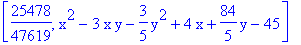[25478/47619, x^2-3*x*y-3/5*y^2+4*x+84/5*y-45]